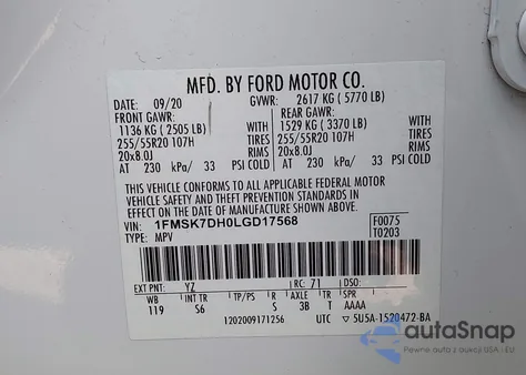 2020 Ford Explorer Xlt z USA, uszkodzony, nr VIN 1FMSK7DH0LGD17568